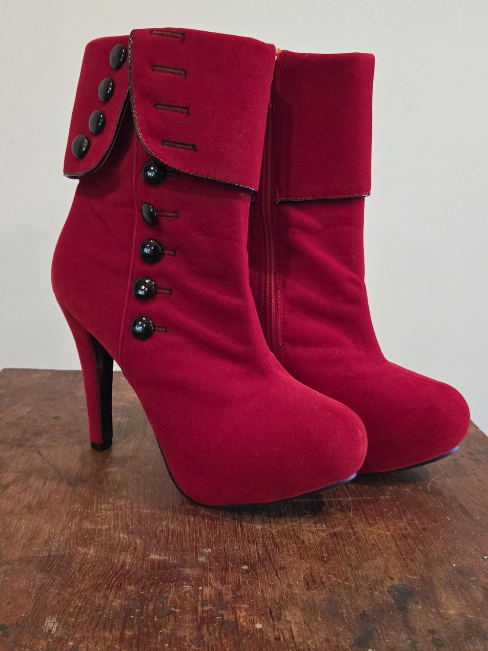 Red Velvet Fold-Over Button Ankle Boots - Women